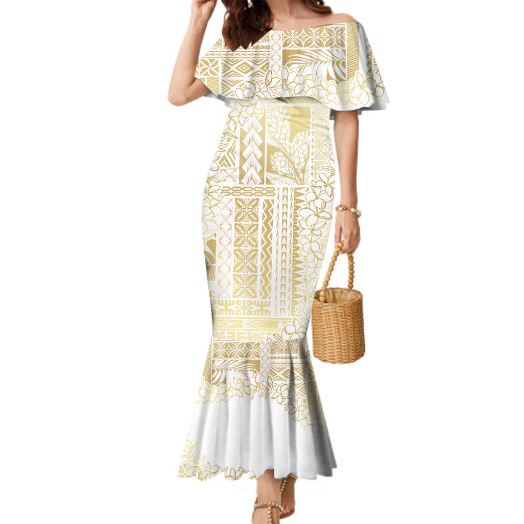 Samoa Lotu Tamaiti Mamanu Siapo Family Matching Mermaid Dress and Hawaiian Shirt Golden Plumeria LT7 Mom's Dress Gold - Polynesian Pride