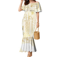 Samoa Lotu Tamaiti Mamanu Siapo Family Matching Mermaid Dress and Hawaiian Shirt Golden Plumeria LT7 Mom's Dress Gold - Polynesian Pride