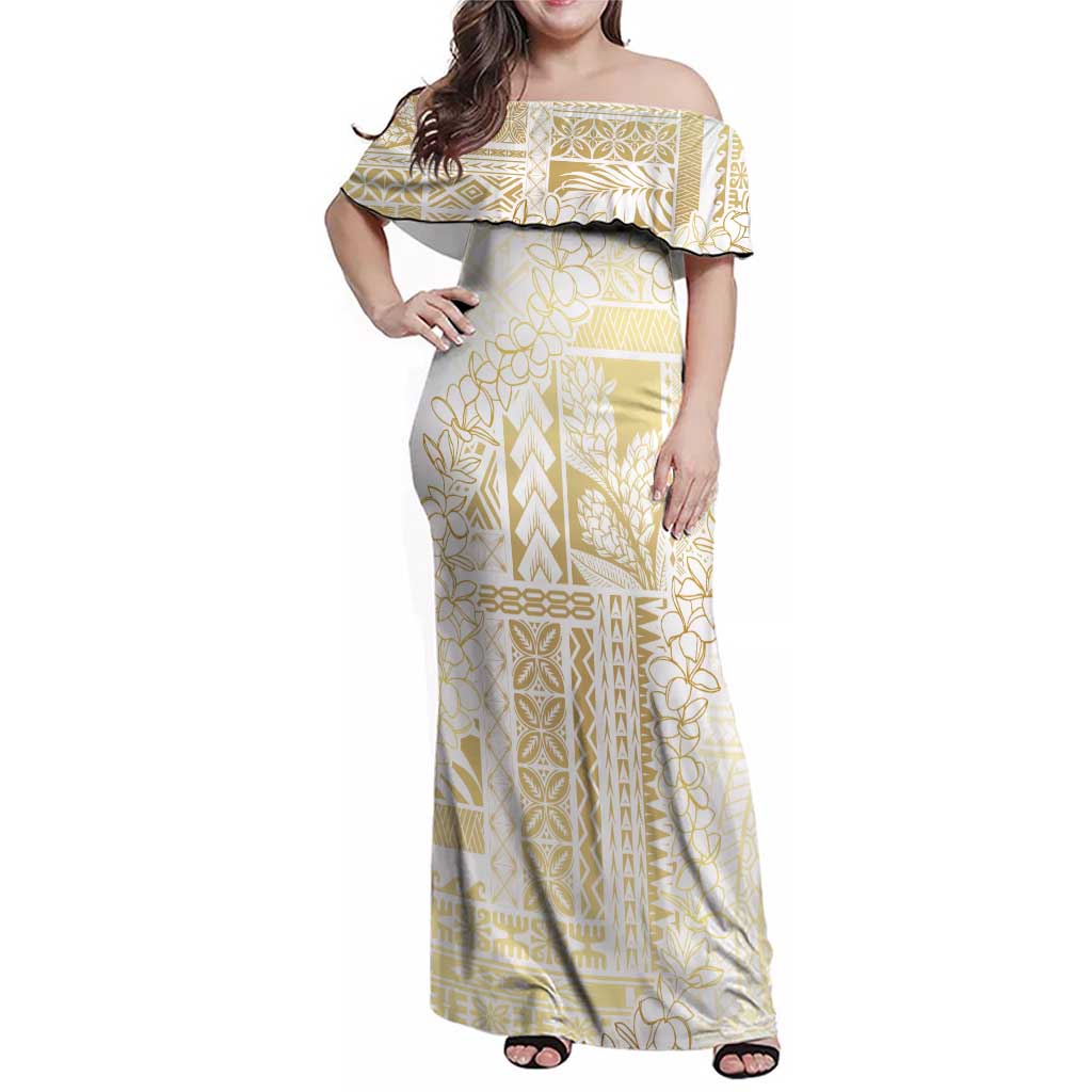 Samoa Lotu Tamaiti Mamanu Siapo Family Matching Off Shoulder Maxi Dress and Hawaiian Shirt Golden Plumeria LT7 Mom's Dress Gold - Polynesian Pride