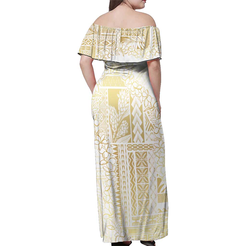Samoa Lotu Tamaiti Mamanu Siapo Family Matching Off Shoulder Maxi Dress and Hawaiian Shirt Golden Plumeria LT7 - Polynesian Pride