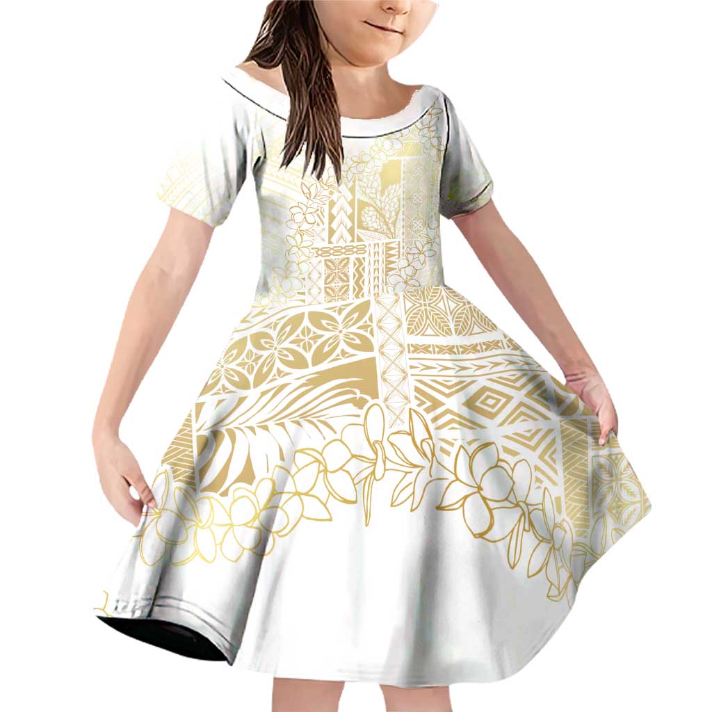 Samoa Lotu Tamaiti Mamanu Siapo Family Matching Off Shoulder Short Dress and Hawaiian Shirt Golden Plumeria LT7 Daughter's Dress Gold - Polynesian Pride