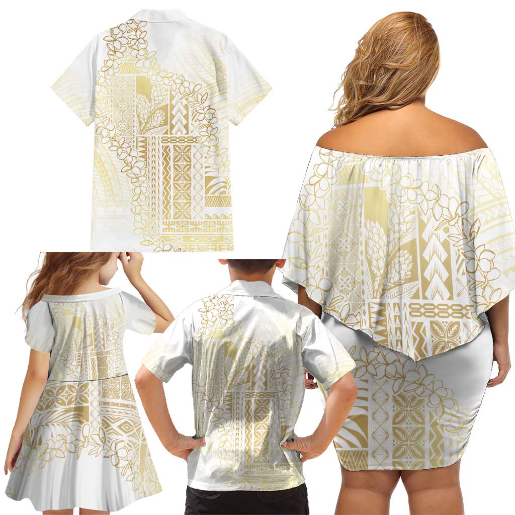 Samoa Lotu Tamaiti Mamanu Siapo Family Matching Off Shoulder Short Dress and Hawaiian Shirt Golden Plumeria LT7 - Polynesian Pride