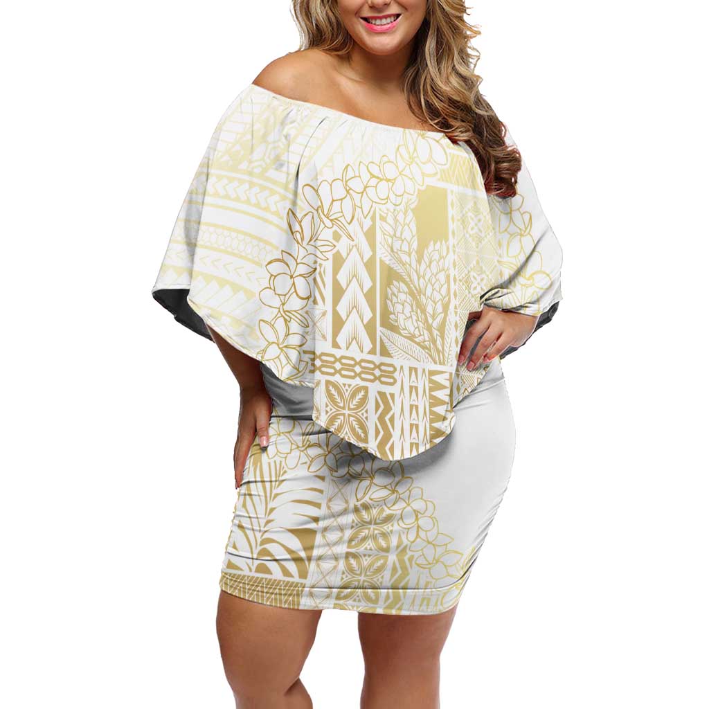 Samoa Lotu Tamaiti Mamanu Siapo Family Matching Off Shoulder Short Dress and Hawaiian Shirt Golden Plumeria LT7 Mom's Dress Gold - Polynesian Pride