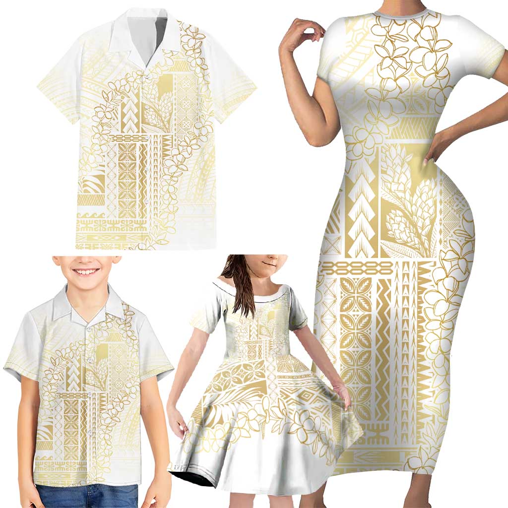 Samoa Lotu Tamaiti Mamanu Siapo Family Matching Short Sleeve Bodycon Dress and Hawaiian Shirt Golden Plumeria LT7 - Polynesian Pride