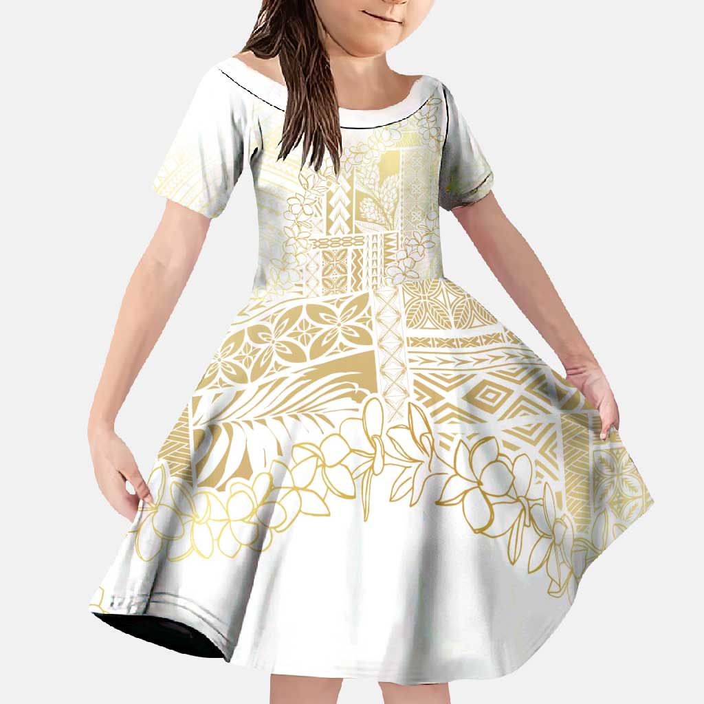 Samoa Lotu Tamaiti Mamanu Siapo Family Matching Tank Maxi Dress and Hawaiian Shirt Golden Plumeria LT7 Daughter's Dress Gold - Polynesian Pride