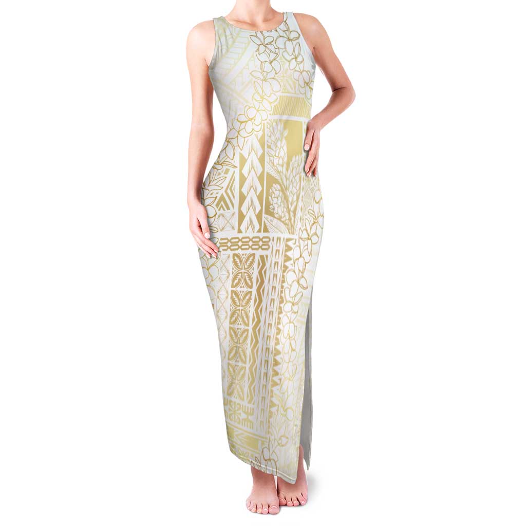 Samoa Lotu Tamaiti Mamanu Siapo Family Matching Tank Maxi Dress and Hawaiian Shirt Golden Plumeria LT7 Mom's Dress Gold - Polynesian Pride