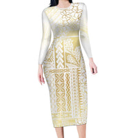 Samoa Lotu Tamaiti Mamanu Siapo Long Sleeve Bodycon Dress Golden Plumeria - Polynesian Pride