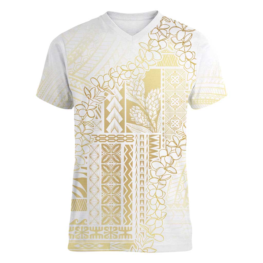 Samoa Lotu Tamaiti Mamanu Siapo Women V-Neck T-Shirt Golden Plumeria LT7 Female Gold - Polynesian Pride