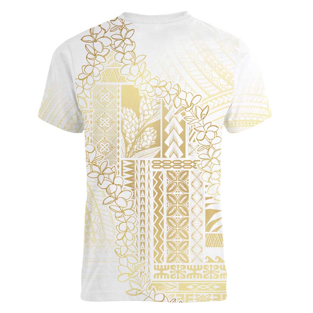 Samoa Lotu Tamaiti Mamanu Siapo Women V-Neck T-Shirt Golden Plumeria LT7 - Polynesian Pride