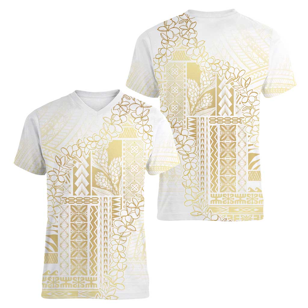 Samoa Lotu Tamaiti Mamanu Siapo Women V-Neck T-Shirt Golden Plumeria LT7 - Polynesian Pride