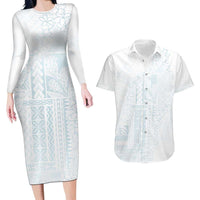 Samoa Lotu Tamaiti Mamanu Siapo Couples Matching Long Sleeve Bodycon Dress and Hawaiian Shirt Off White Plumeria LT7 Baby Blue - Polynesian Pride