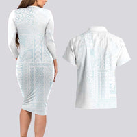 Samoa Lotu Tamaiti Mamanu Siapo Couples Matching Long Sleeve Bodycon Dress and Hawaiian Shirt Off White Plumeria LT7 - Polynesian Pride