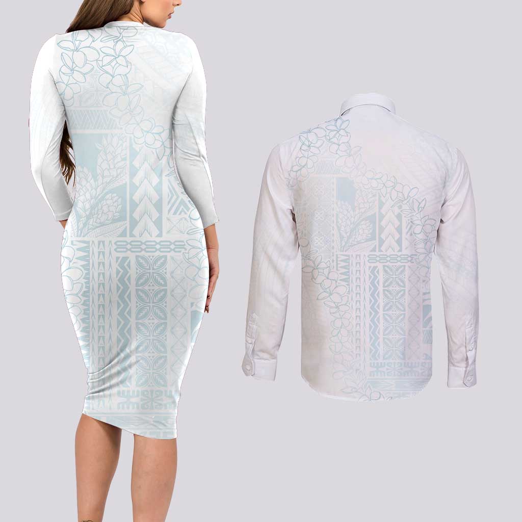 Samoa Lotu Tamaiti Mamanu Siapo Couples Matching Long Sleeve Bodycon Dress and Long Sleeve Button Shirt Off White Plumeria LT7 - Polynesian Pride