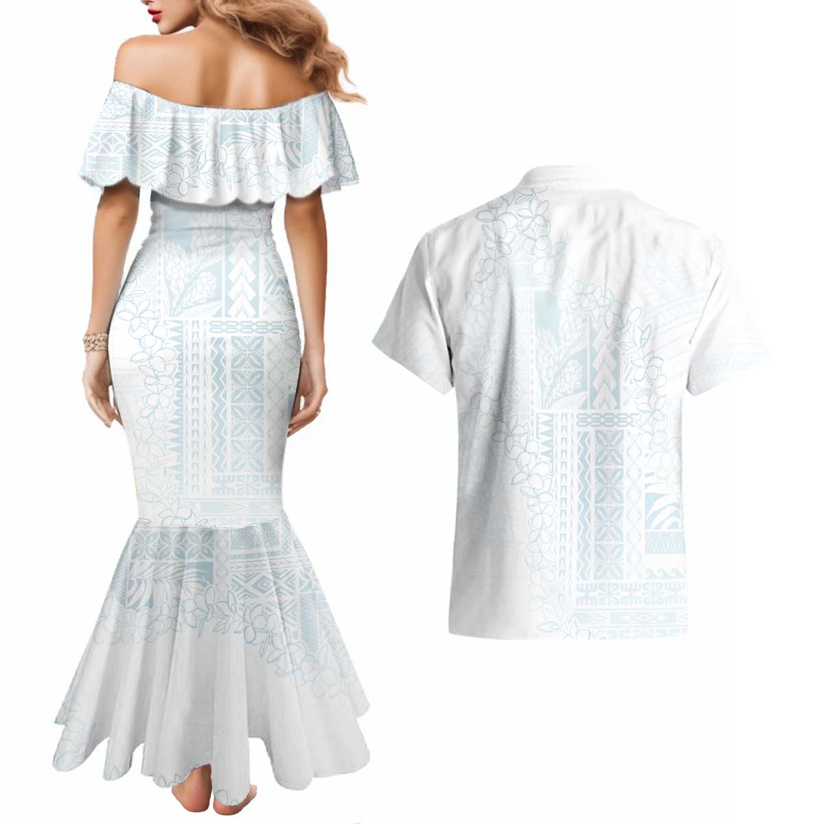 Samoa Lotu Tamaiti Mamanu Siapo Couples Matching Mermaid Dress and Hawaiian Shirt Off White Plumeria LT7 - Polynesian Pride