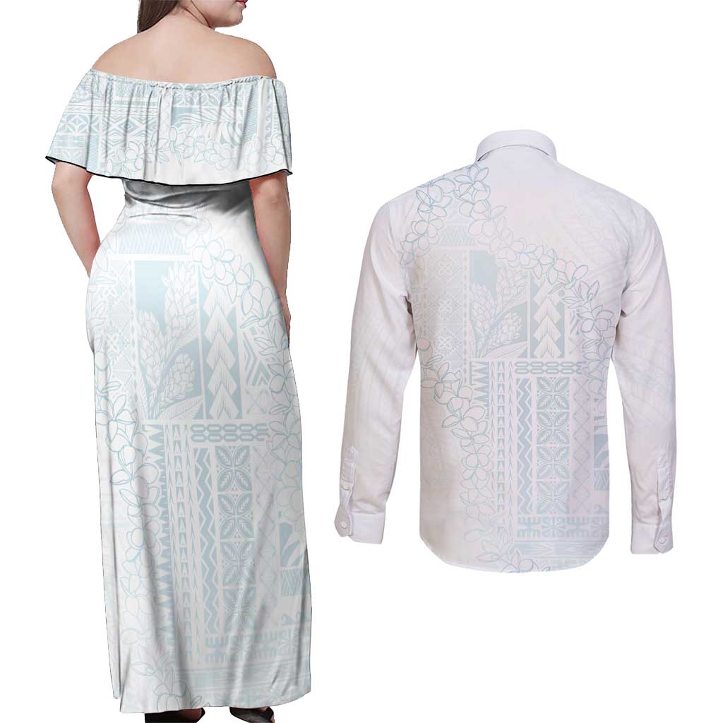 Samoa Lotu Tamaiti Mamanu Siapo Couples Matching Off Shoulder Maxi Dress and Long Sleeve Button Shirt Off White Plumeria - Polynesian Pride