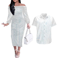 Samoa Lotu Tamaiti Mamanu Siapo Couples Matching Off The Shoulder Long Sleeve Dress and Hawaiian Shirt Off White Plumeria LT7 Baby Blue - Polynesian Pride