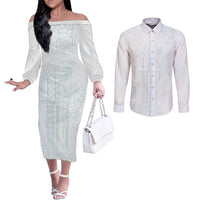 Samoa Lotu Tamaiti Mamanu Siapo Couples Matching Off The Shoulder Long Sleeve Dress and Long Sleeve Button Shirt Off White Plumeria LT7 Baby Blue - Polynesian Pride