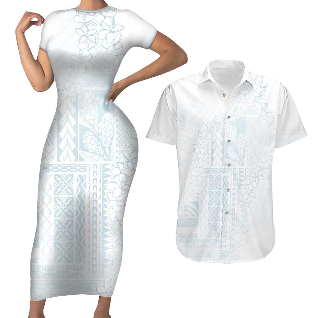 Samoa Lotu Tamaiti Mamanu Siapo Couples Matching Short Sleeve Bodycon Dress and Hawaiian Shirt Off White Plumeria LT7 Baby Blue - Polynesian Pride