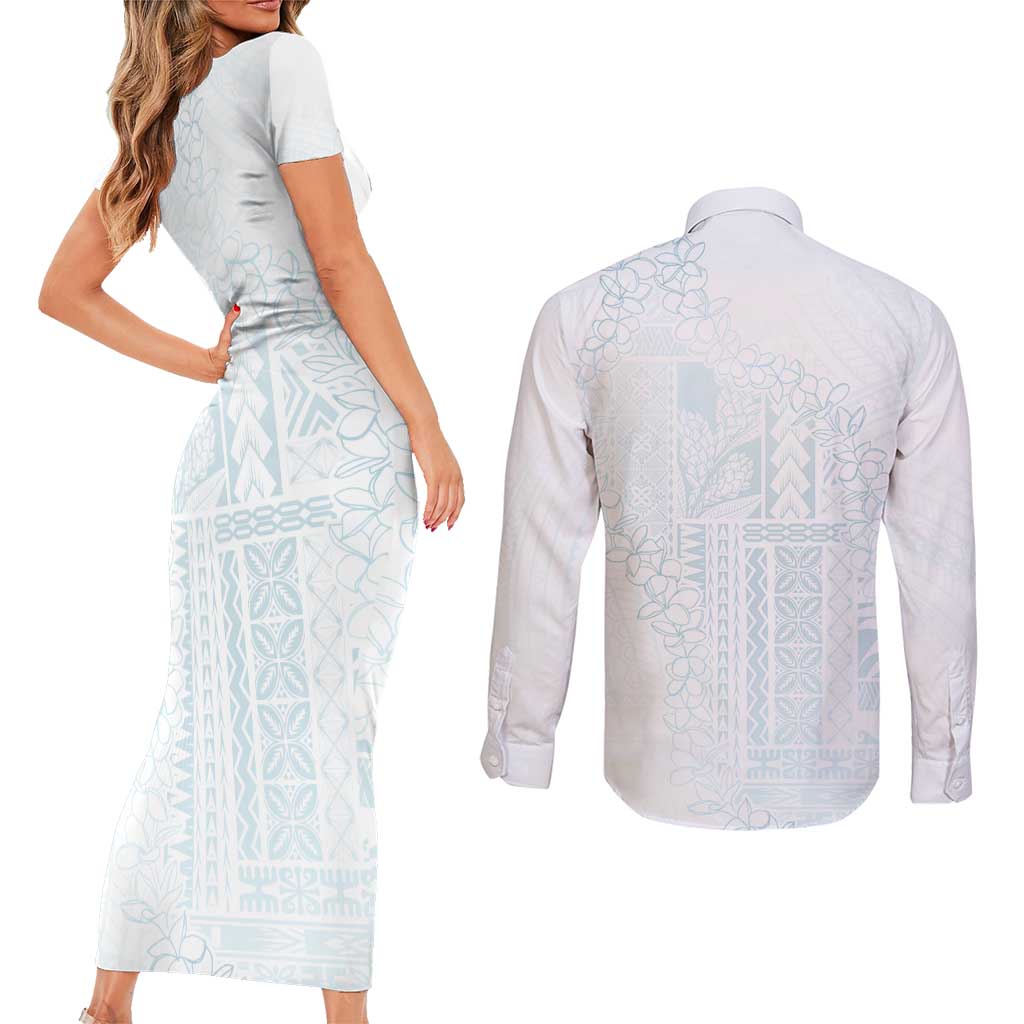 Samoa Lotu Tamaiti Mamanu Siapo Couples Matching Short Sleeve Bodycon Dress and Long Sleeve Button Shirt Off White Plumeria LT7 - Polynesian Pride