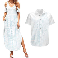 Samoa Lotu Tamaiti Mamanu Siapo Couples Matching Summer Maxi Dress and Hawaiian Shirt Off White Plumeria LT7 Baby Blue - Polynesian Pride