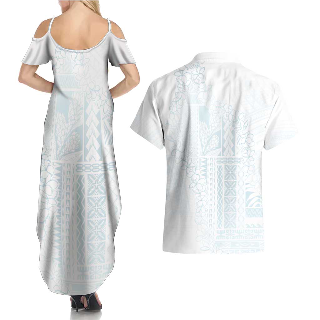 Samoa Lotu Tamaiti Mamanu Siapo Couples Matching Summer Maxi Dress and Hawaiian Shirt Off White Plumeria LT7 - Polynesian Pride