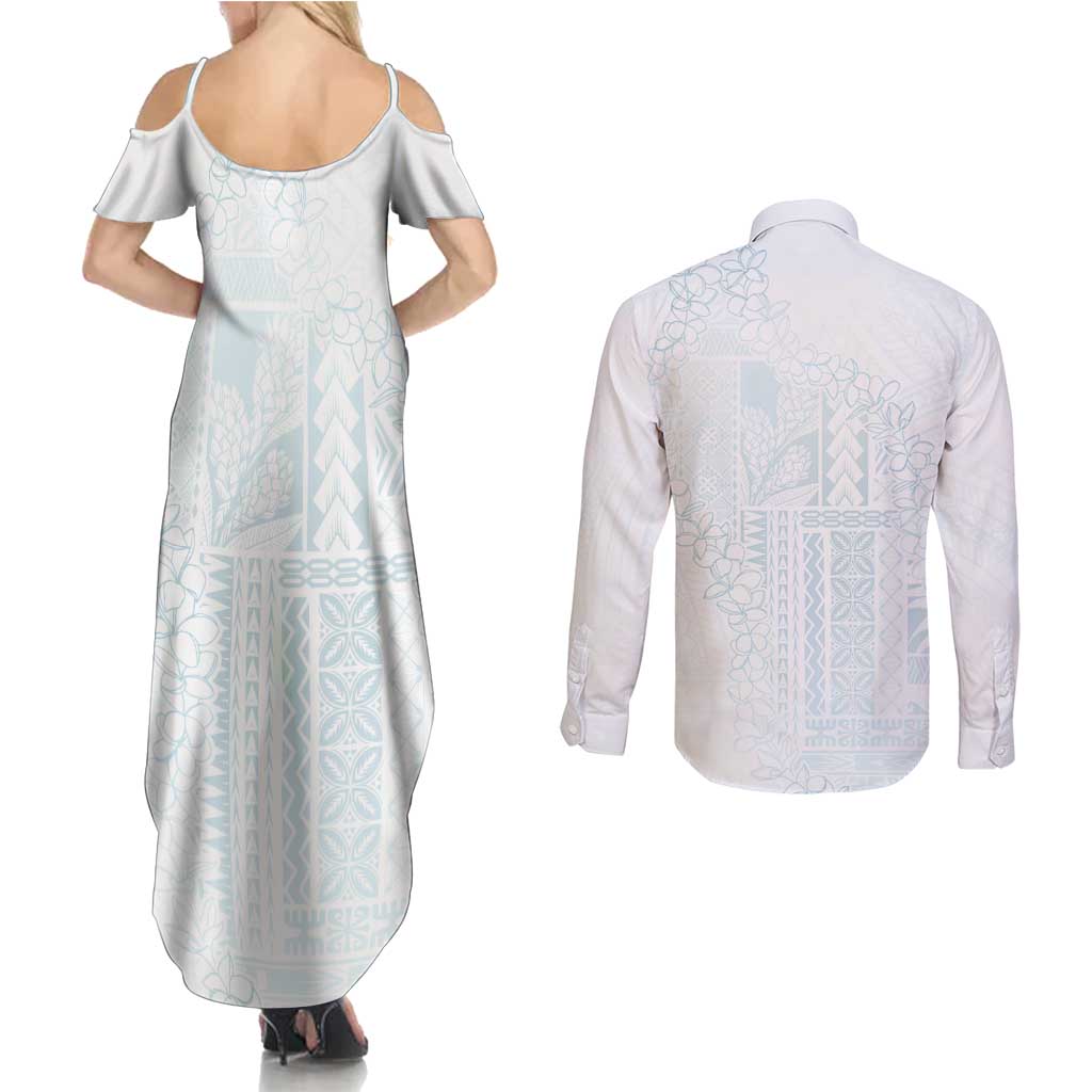 Samoa Lotu Tamaiti Mamanu Siapo Couples Matching Summer Maxi Dress and Long Sleeve Button Shirt Off White Plumeria - Polynesian Pride