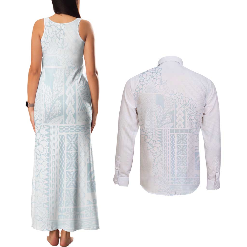 Samoa Lotu Tamaiti Mamanu Siapo Couples Matching Tank Maxi Dress and Long Sleeve Button Shirt Off White Plumeria - Polynesian Pride