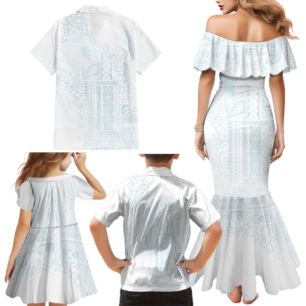 Samoa Lotu Tamaiti Mamanu Siapo Family Matching Mermaid Dress and Hawaiian Shirt Off White Plumeria LT7 - Polynesian Pride