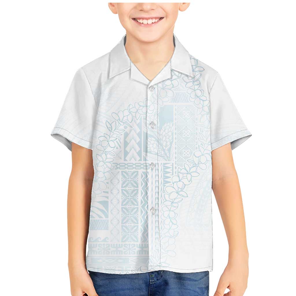 Samoa Lotu Tamaiti Mamanu Siapo Family Matching Mermaid Dress and Hawaiian Shirt Off White Plumeria LT7 Son's Shirt Baby Blue - Polynesian Pride