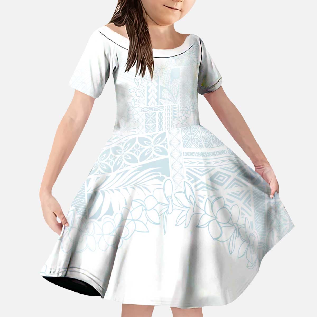 Samoa Lotu Tamaiti Mamanu Siapo Family Matching Off The Shoulder Long Sleeve Dress and Hawaiian Shirt Off White Plumeria LT7 Daughter's Dress Baby Blue - Polynesian Pride