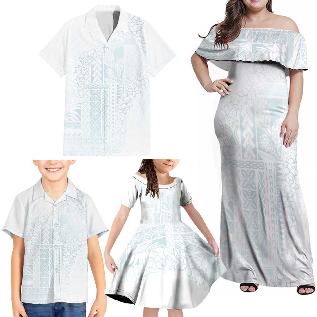 Samoa Lotu Tamaiti Mamanu Siapo Family Matching Off Shoulder Maxi Dress and Hawaiian Shirt Off White Plumeria LT7 - Polynesian Pride