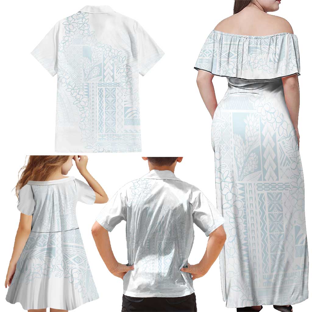 Samoa Lotu Tamaiti Mamanu Siapo Family Matching Off Shoulder Maxi Dress and Hawaiian Shirt Off White Plumeria LT7 - Polynesian Pride