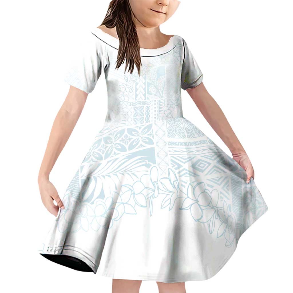 Samoa Lotu Tamaiti Mamanu Siapo Family Matching Off Shoulder Short Dress and Hawaiian Shirt Off White Plumeria LT7 Daughter's Dress Baby Blue - Polynesian Pride