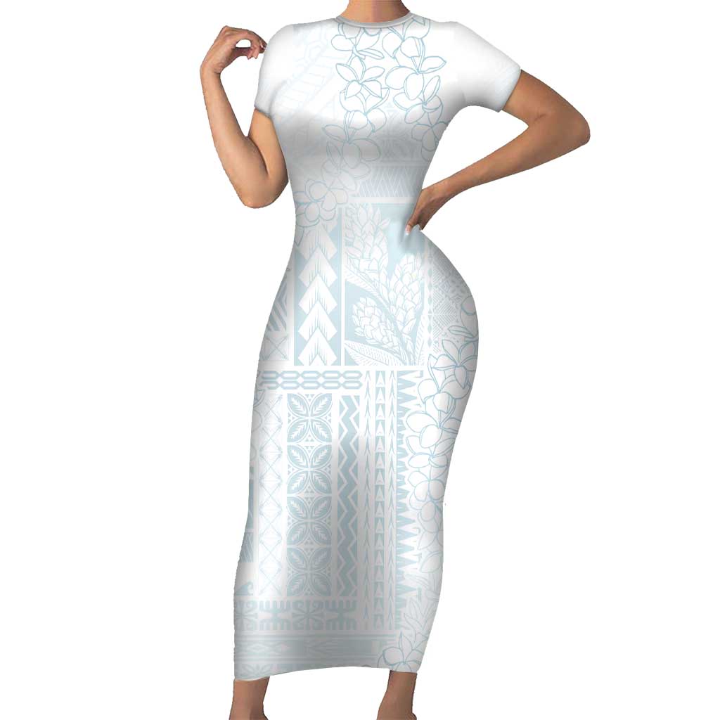 Samoa Lotu Tamaiti Mamanu Siapo Family Matching Short Sleeve Bodycon Dress and Hawaiian Shirt Off White Plumeria LT7 Mom's Dress Baby Blue - Polynesian Pride