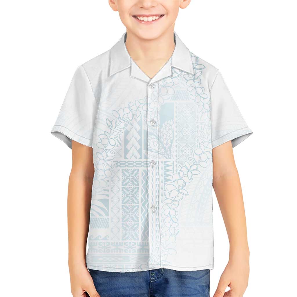 Samoa Lotu Tamaiti Mamanu Siapo Family Matching Short Sleeve Bodycon Dress and Hawaiian Shirt Off White Plumeria LT7 Son's Shirt Baby Blue - Polynesian Pride
