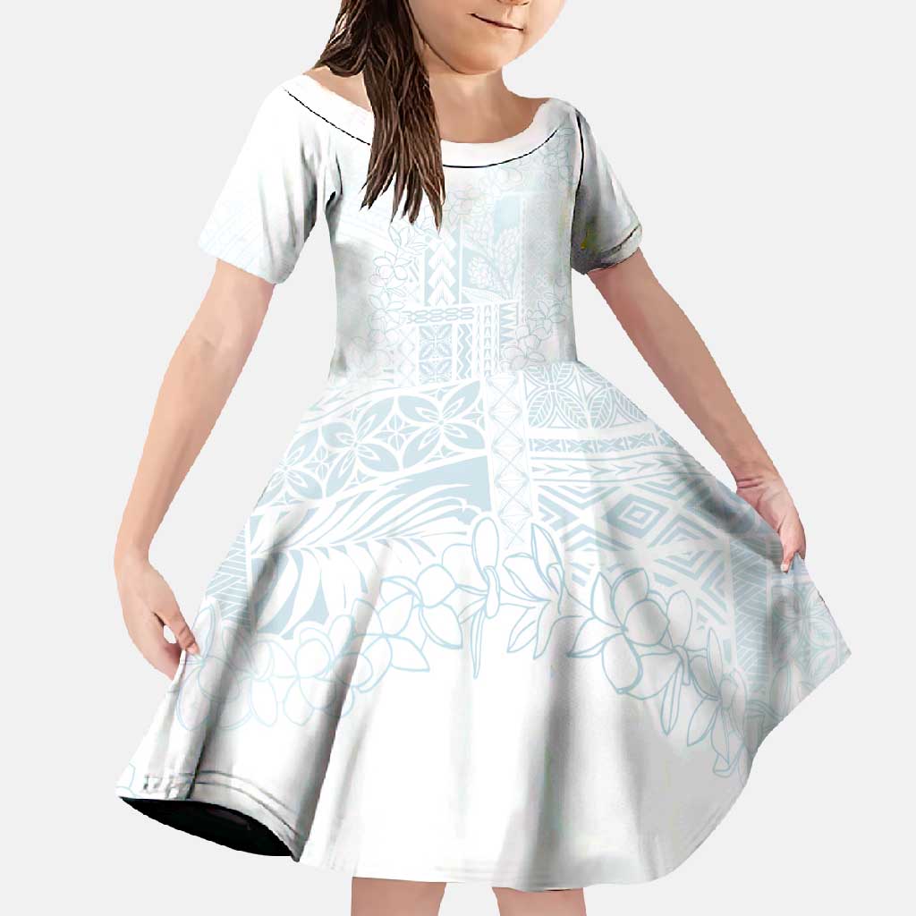 Samoa Lotu Tamaiti Mamanu Siapo Family Matching Tank Maxi Dress and Hawaiian Shirt Off White Plumeria LT7 Daughter's Dress Baby Blue - Polynesian Pride