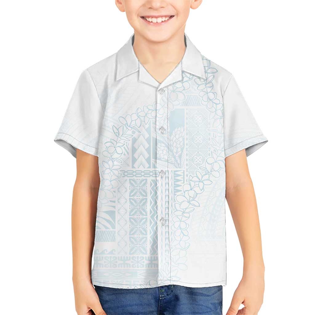 Samoa Lotu Tamaiti Mamanu Siapo Family Matching Tank Maxi Dress and Hawaiian Shirt Off White Plumeria LT7 Son's Shirt Baby Blue - Polynesian Pride