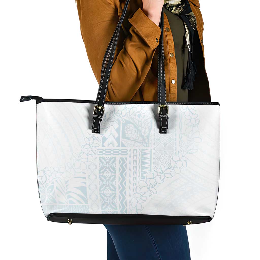 Samoa Lotu Tamaiti Mamanu Siapo Leather Tote Bag Off White Plumeria - Polynesian Pride