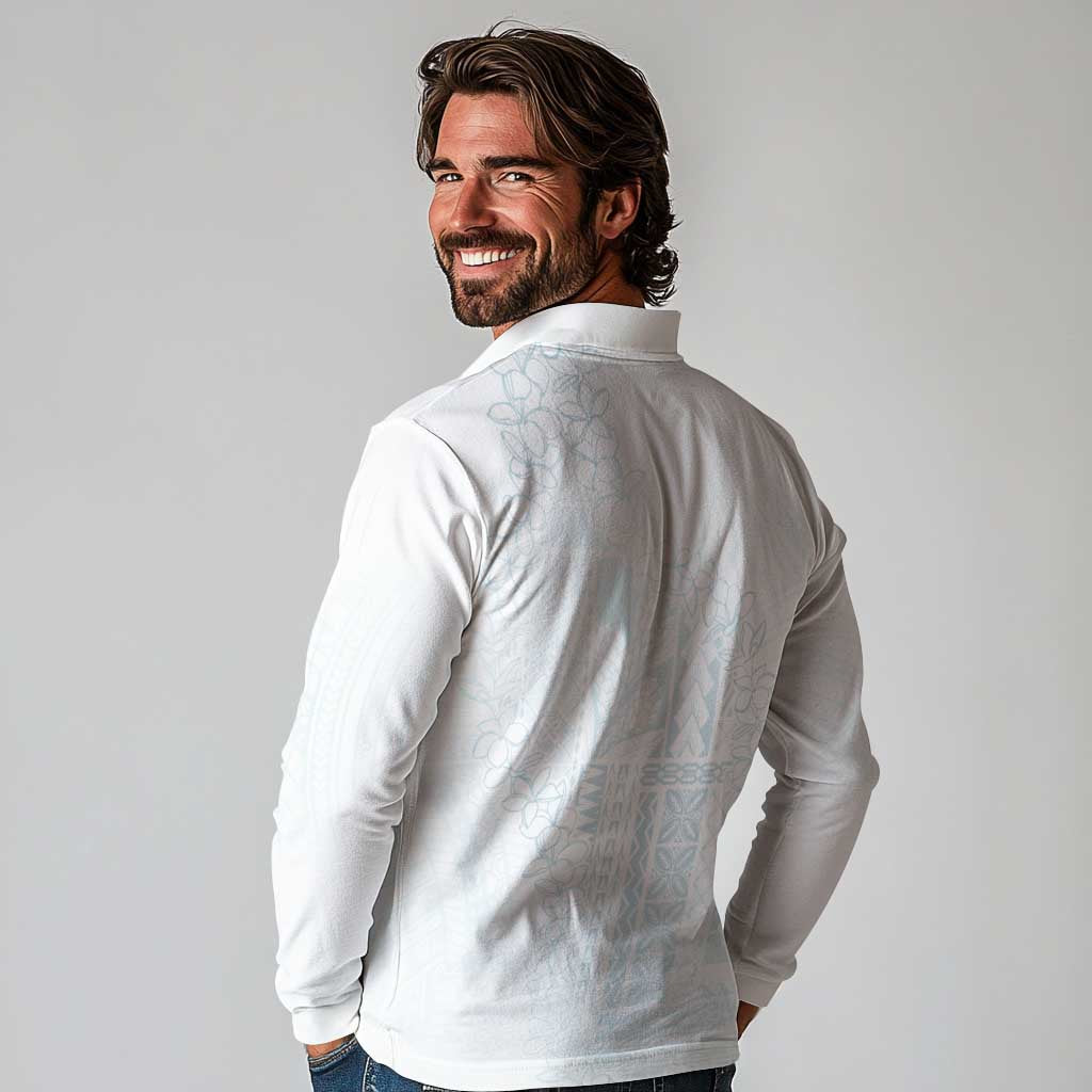 Samoa Lotu Tamaiti Mamanu Siapo Long Sleeve Polo Shirt Off White Plumeria - Polynesian Pride