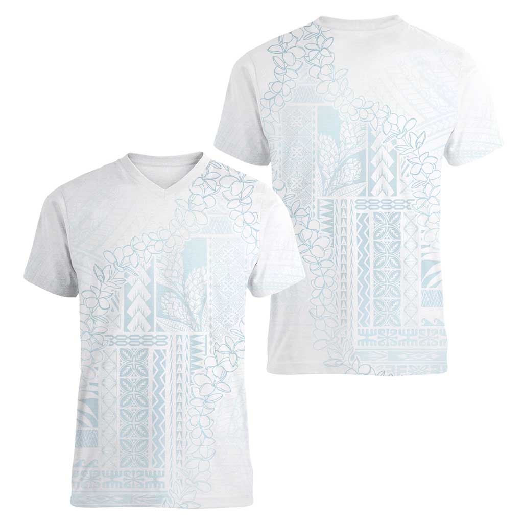 Samoa Lotu Tamaiti Mamanu Siapo Women V-Neck T-Shirt Off White Plumeria - Polynesian Pride