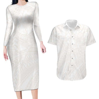 Samoa Lotu Tamaiti Ivory Couples Matching Long Sleeve Bodycon Dress and Hawaiian Shirt Teuila Tatau LT7 Ivory - Polynesian Pride