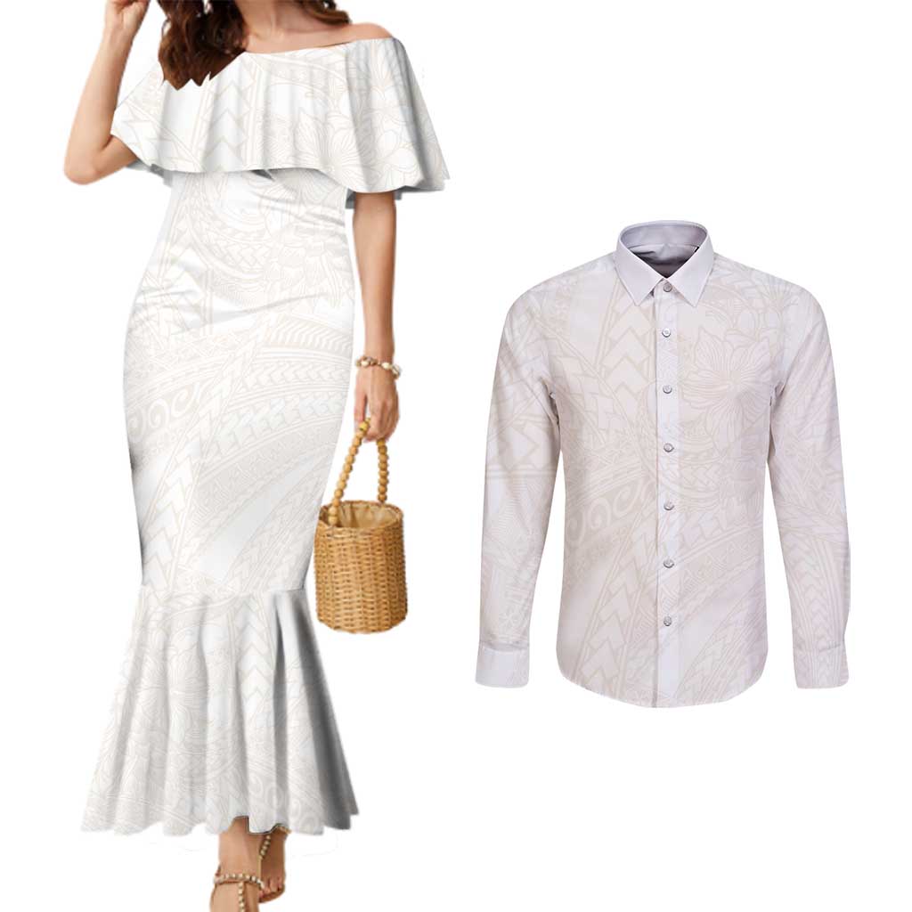 Samoa Lotu Tamaiti Ivory Couples Matching Mermaid Dress and Long Sleeve Button Shirt Teuila Tatau - Polynesian Pride