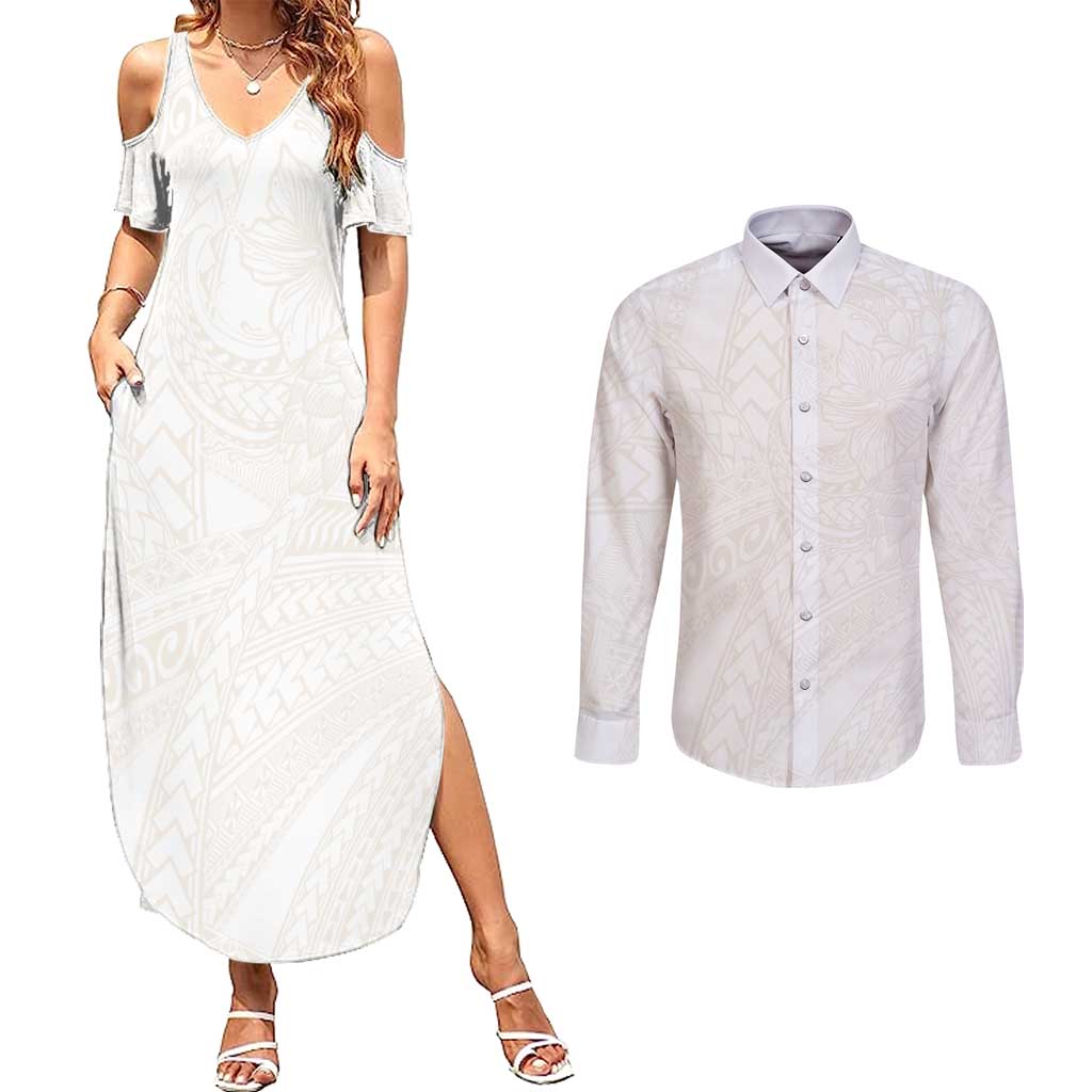 Samoa Lotu Tamaiti Ivory Couples Matching Summer Maxi Dress and Long Sleeve Button Shirt Teuila Tatau - Polynesian Pride