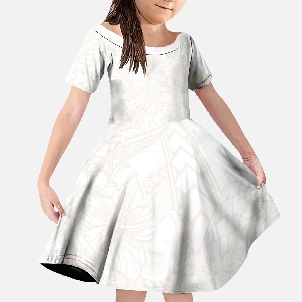 Samoa Lotu Tamaiti Ivory Family Matching Off The Shoulder Long Sleeve Dress and Hawaiian Shirt Teuila Tatau LT7 Daughter's Dress Ivory - Polynesian Pride