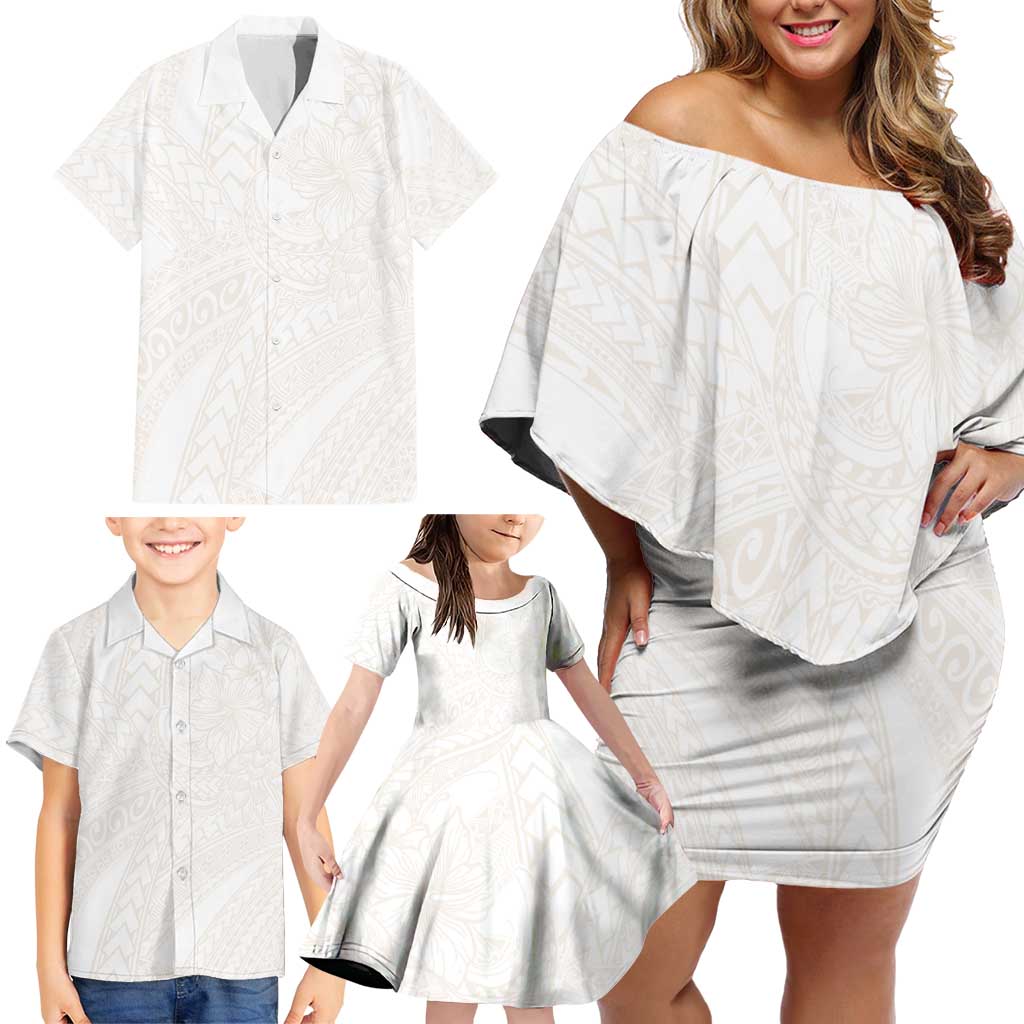 Samoa Lotu Tamaiti Ivory Family Matching Off Shoulder Short Dress and Hawaiian Shirt Teuila Tatau LT7 - Polynesian Pride