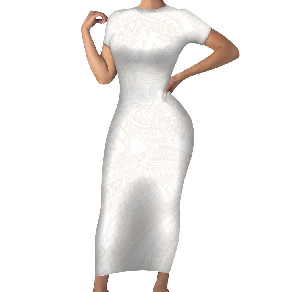 Samoa Lotu Tamaiti Ivory Family Matching Short Sleeve Bodycon Dress and Hawaiian Shirt Teuila Tatau LT7 Mom's Dress Ivory - Polynesian Pride