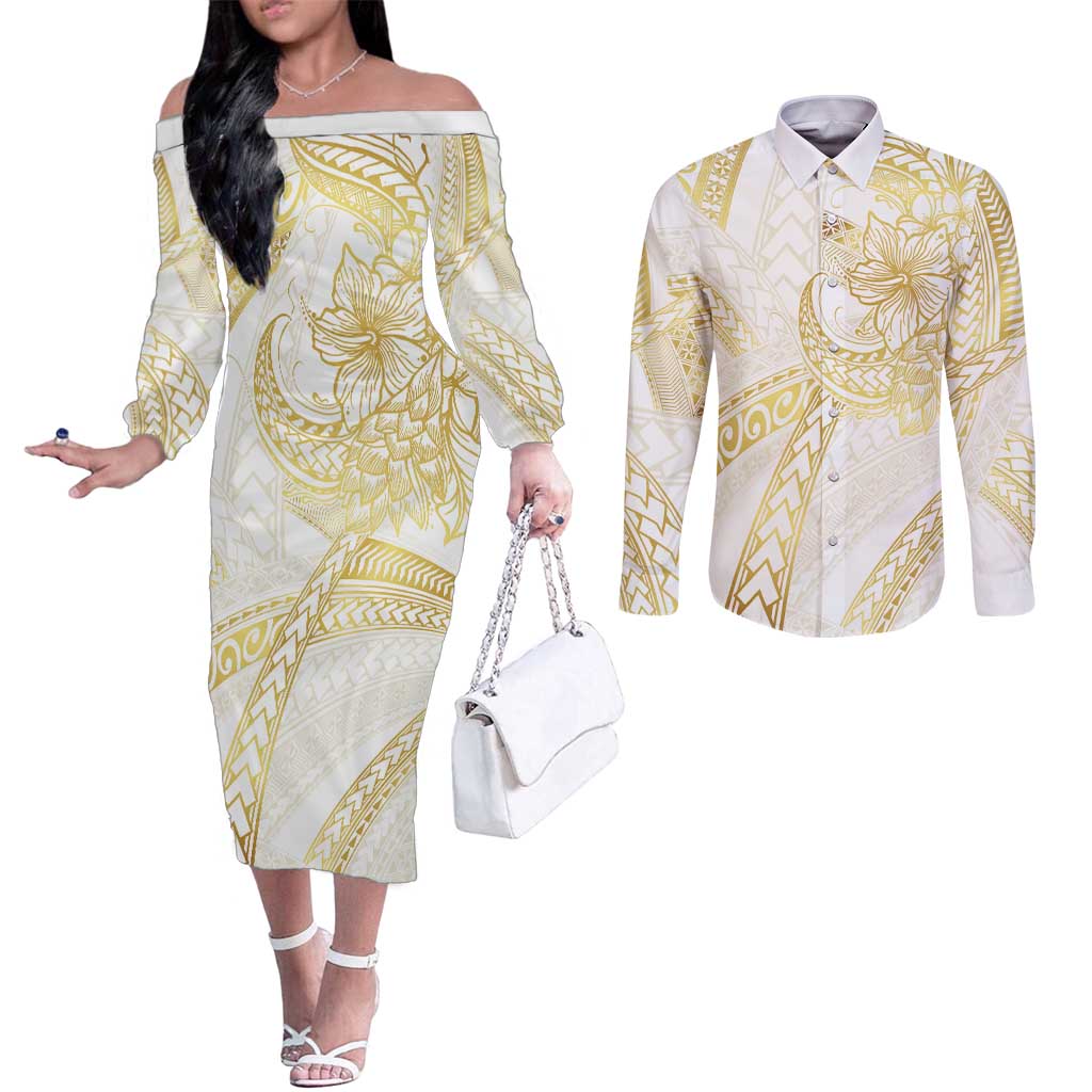 Samoa Lotu Tamaiti Gold Couples Matching Off The Shoulder Long Sleeve Dress and Long Sleeve Button Shirt Teuila Tatau LT7 Gold - Polynesian Pride
