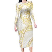 Samoa Lotu Tamaiti Gold Family Matching Long Sleeve Bodycon Dress and Hawaiian Shirt Teuila Tatau LT7 Mom's Dress Gold - Polynesian Pride