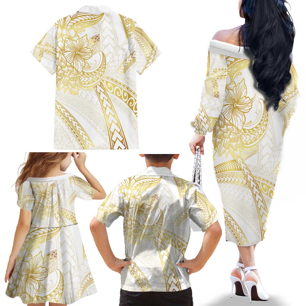 Samoa Lotu Tamaiti Gold Family Matching Off The Shoulder Long Sleeve Dress and Hawaiian Shirt Teuila Tatau LT7 - Polynesian Pride