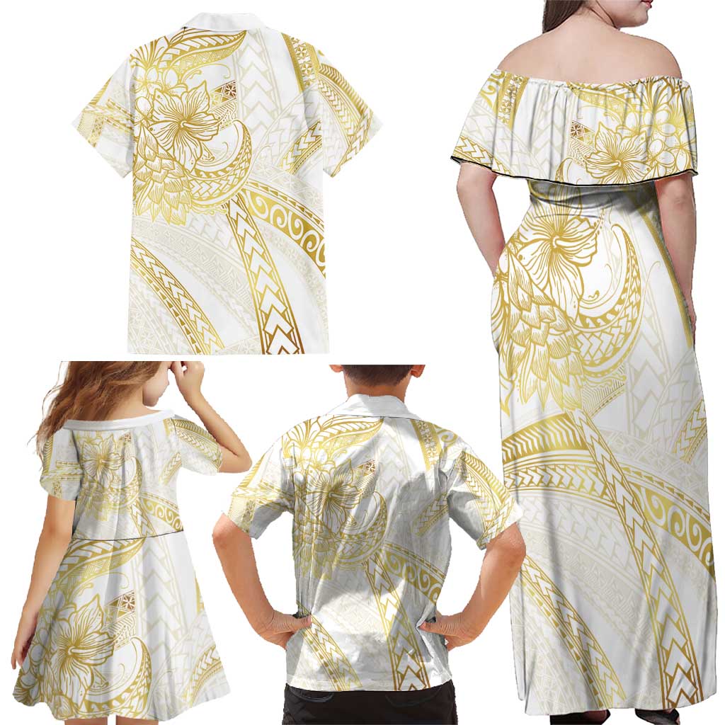 Samoa Lotu Tamaiti Gold Family Matching Off Shoulder Maxi Dress and Hawaiian Shirt Teuila Tatau LT7 - Polynesian Pride